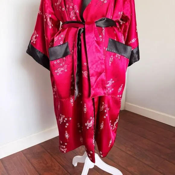 VTG Embroidered Dragon Reversible Satin Kimono Robe Asian Print Smoking Jacket S - Picture 7 of 16
